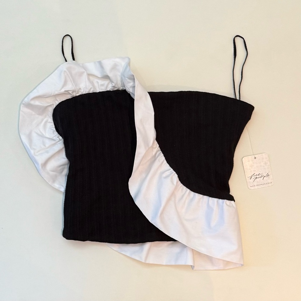 NWT Free People Jagged White Ruffle Black Knit Tube Top Womens XS